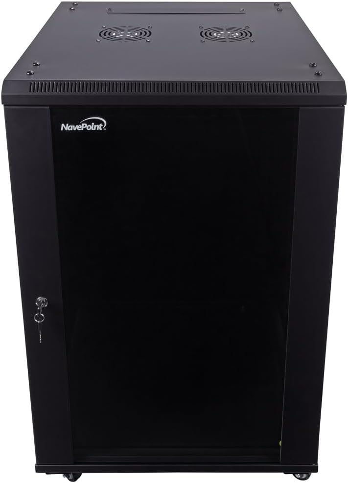 NavePoint 15U Server Cabinet Wall Mount Rack Enclosure with Caster Wheels, Includes 2 Fans, Locking Glass Door, Removable Side Panels – 15U Network Cabinet 17.7” Deep, 19”Server Rack for IT Equipment