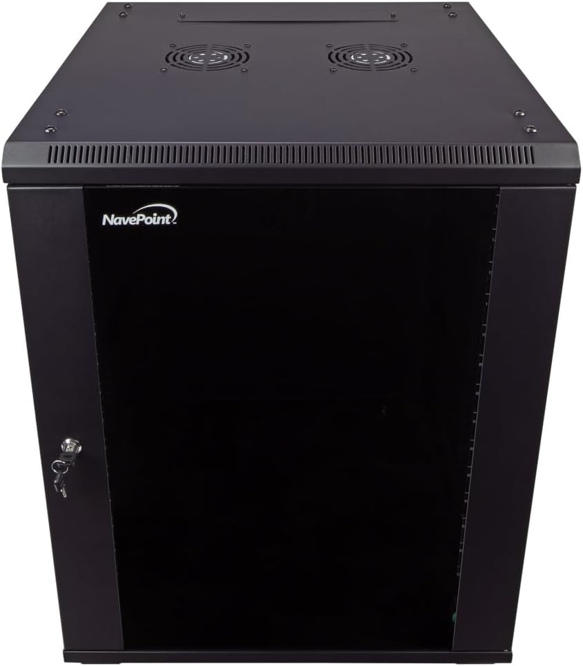 NavePoint 15U Server Cabinet Wall Mount Rack Enclosure with Caster Wheels, Includes 2 Fans, Locking Glass Door, Removable Side Panels – 15U Network Cabinet 17.7” Deep, 19”Server Rack for IT Equipment