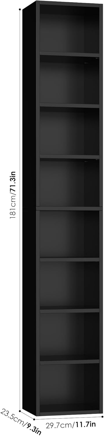 FOTOSOK 8-Tier Media Tower Rack, 11.6 X 9.3 X 70.9 Inches CD DVD Slim Storage Cabinet with Adjustable Shelves, Tall Narrow Bookcase Display Bookshelf for Home Office, Black