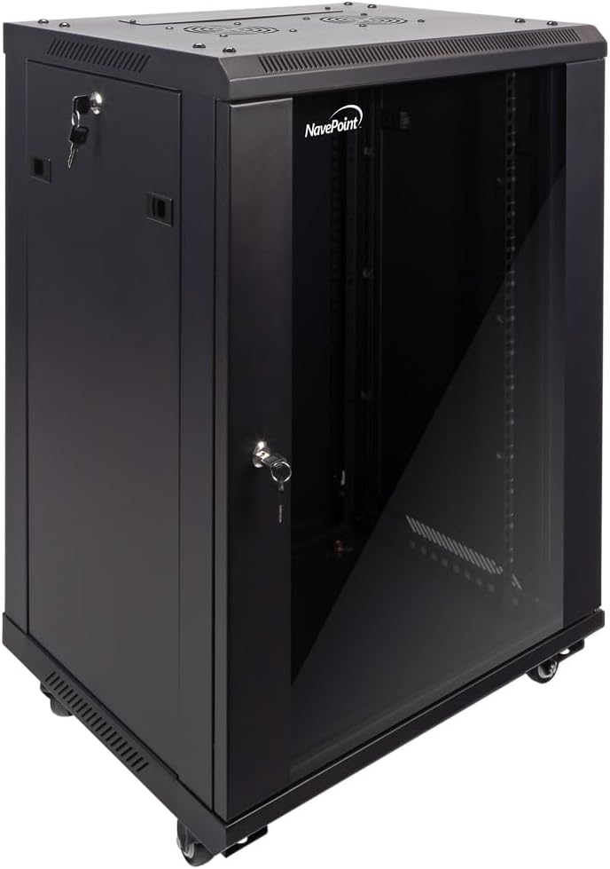 NavePoint 15U Server Cabinet Wall Mount Rack Enclosure with Caster Wheels, Includes 2 Fans, Locking Glass Door, Removable Side Panels – 15U Network Cabinet 17.7” Deep, 19”Server Rack for IT Equipment