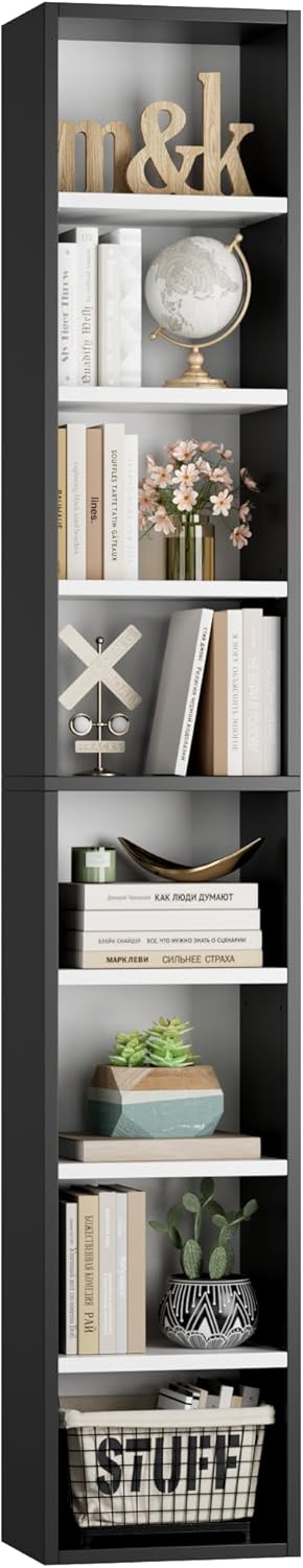 FOTOSOK 8-Tier Media Tower Rack, 11.6 X 9.3 X 70.9 Inches CD DVD Slim Storage Cabinet with Adjustable Shelves, Tall Narrow Bookcase Display Bookshelf for Home Office, Black