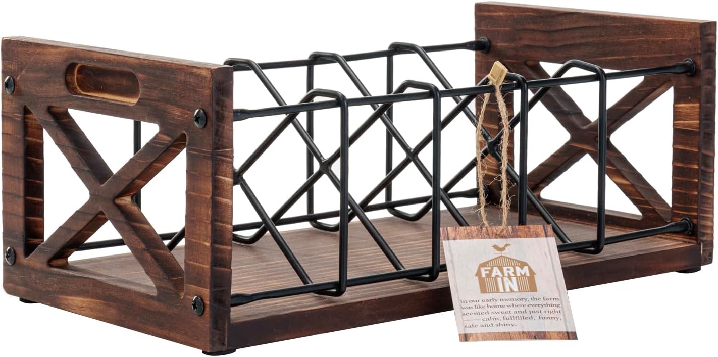 FARM IN CD Storage Holder, 5-Slot Farmhouse Industrial CD & DVD Storage Rack with Handles, Barn Door “X-Cross” Design, Rustic Solid Burnt Wood and Black Metal Wire