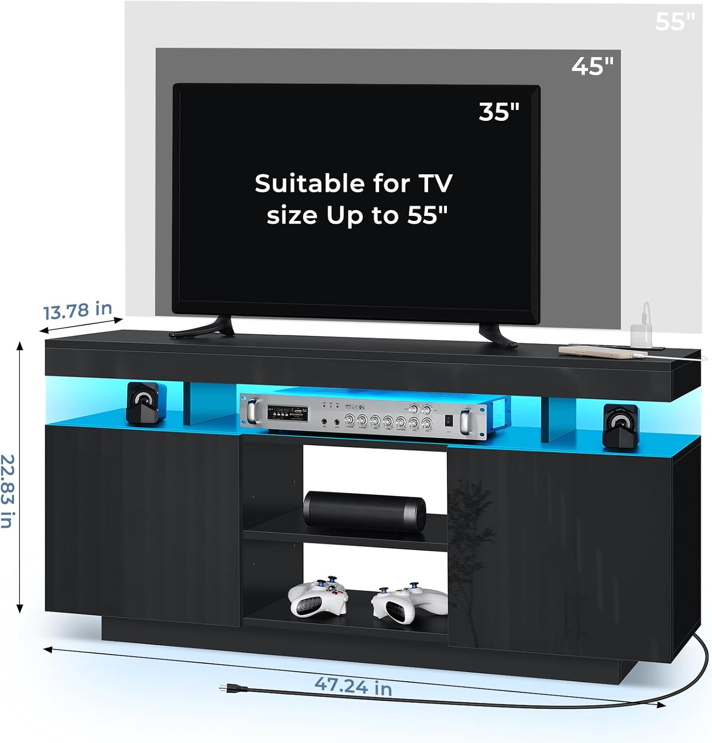 HOMMPA Modern LED TV Stand for 55/50/43/40/32 inch TVs with Power Outlets, Gaming Entertainment Center with Storage Media Table TV Consoles for Living Room, Black