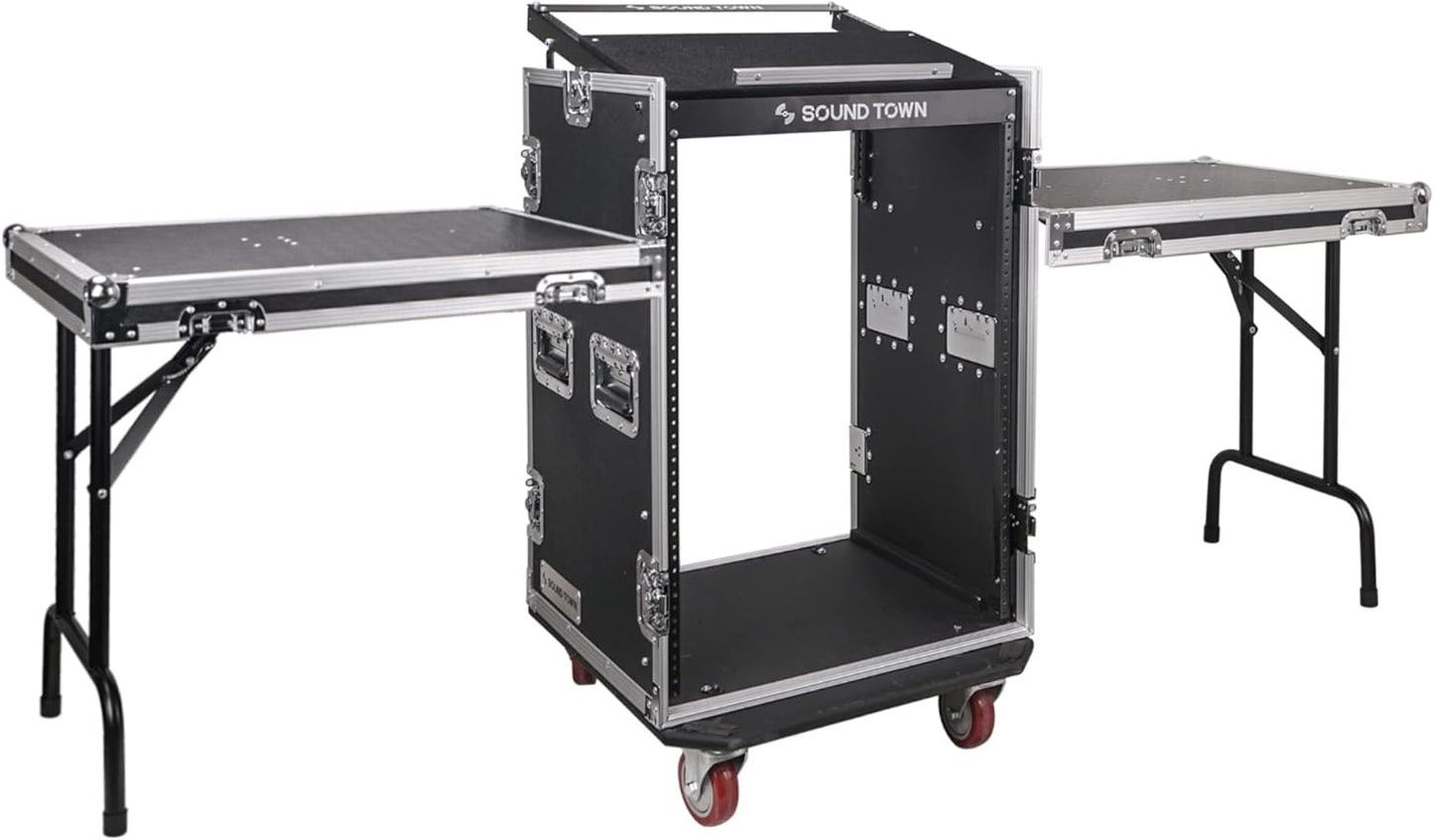 Sound Town Enhanced 1/2" (12mm) Plywood 10U PA DJ Pro Audio Rack/Road ATA Case with 11U Slant Mixer Top, 20’’ Rackable Depth and Casters, 10 Space Size, Pro Tour Grade (STMR-10UW)