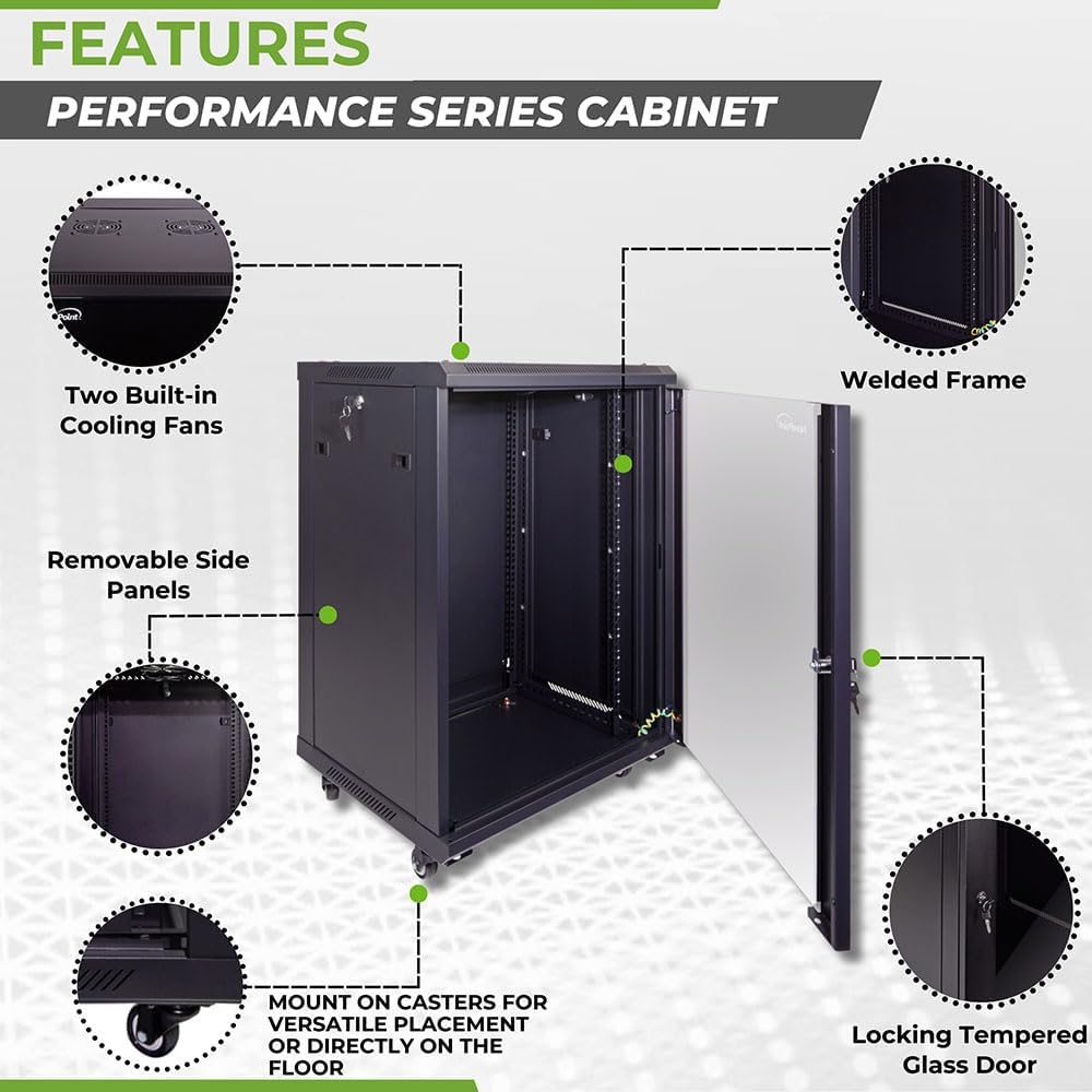 NavePoint 15U Server Cabinet Wall Mount Rack Enclosure with Caster Wheels, Includes 2 Fans, Locking Glass Door, Removable Side Panels – 15U Network Cabinet 17.7” Deep, 19”Server Rack for IT Equipment