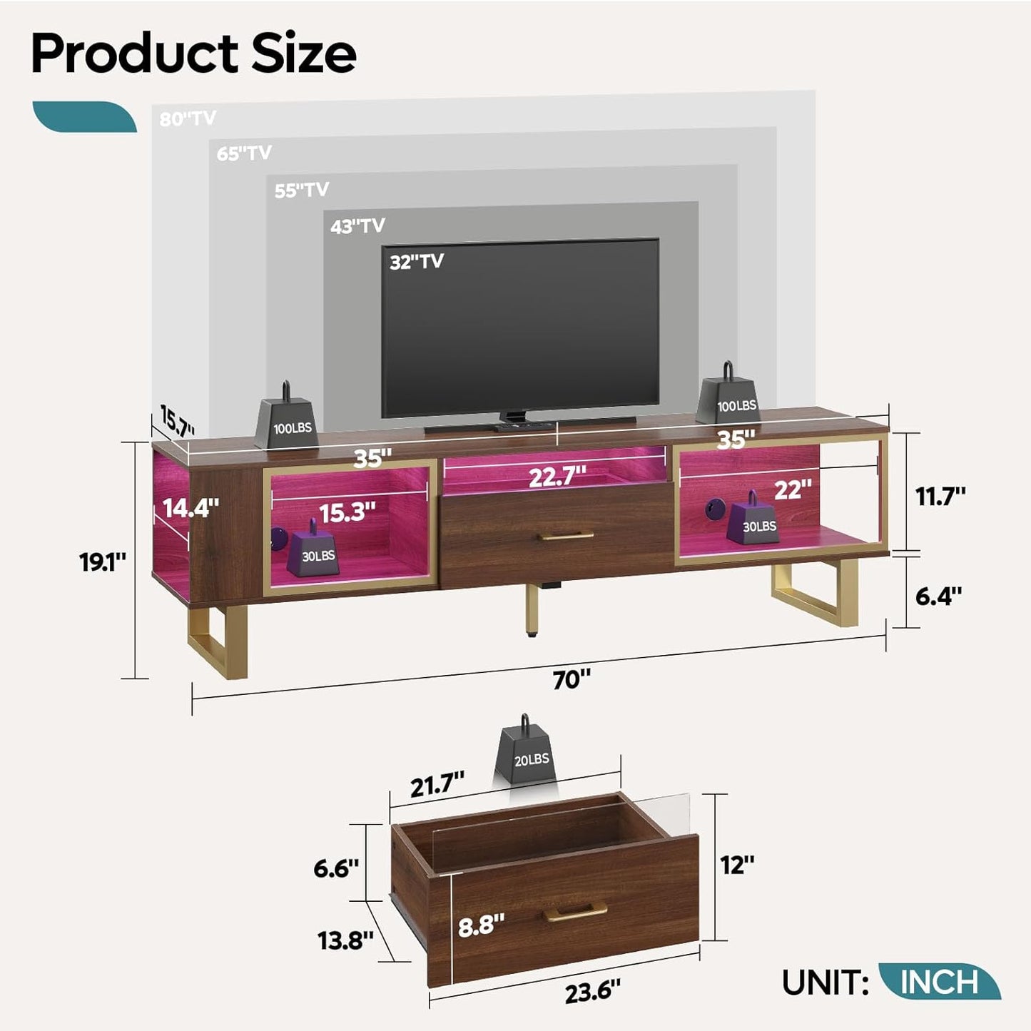 Bestier TV Stand with LED Light for TVs up to 80 Inch, Gaming Entertainment Center with Open Storage and Half-Glass Design Drawer, Modern Media Console for Living Room Bedroom, Walnut and Gold