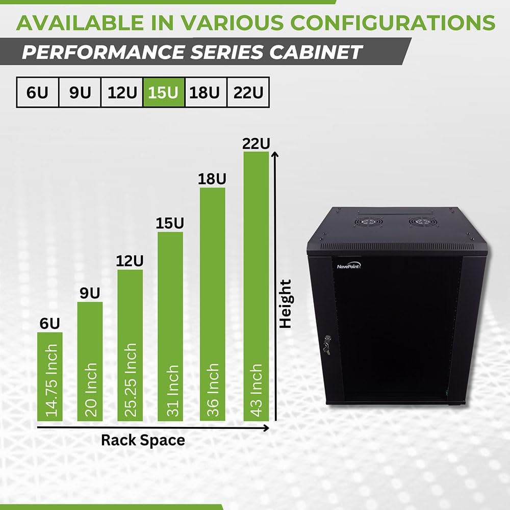NavePoint 15U Server Cabinet Wall Mount Rack Enclosure with Caster Wheels, Includes 2 Fans, Locking Glass Door, Removable Side Panels – 15U Network Cabinet 17.7” Deep, 19”Server Rack for IT Equipment