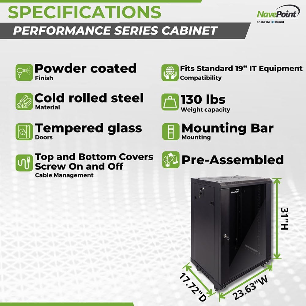 NavePoint 15U Server Cabinet Wall Mount Rack Enclosure with Caster Wheels, Includes 2 Fans, Locking Glass Door, Removable Side Panels – 15U Network Cabinet 17.7” Deep, 19”Server Rack for IT Equipment