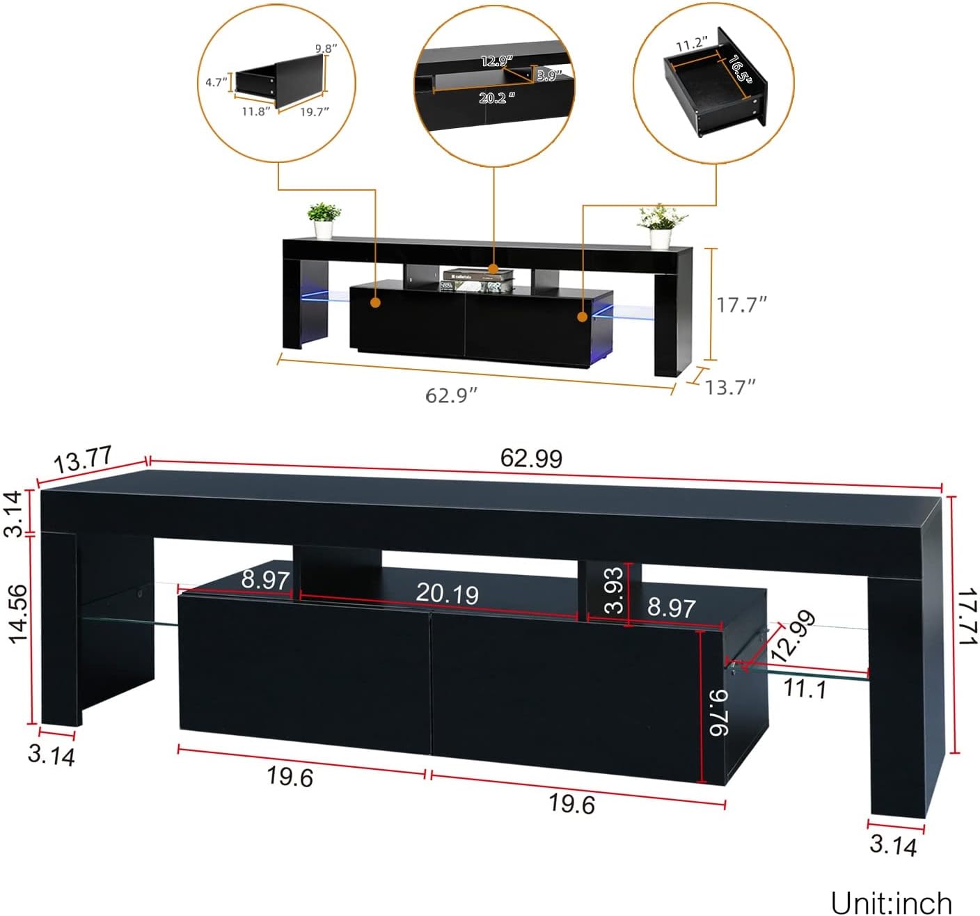 Black TV Stand, 60 65 70 75 inch Wood TV Stand, High Glossy Entertainment Center with Large Drawers&Glass Display Shelf, LED Modern Media Gaming Cabinet TV Console for Livingroom, Bedroom