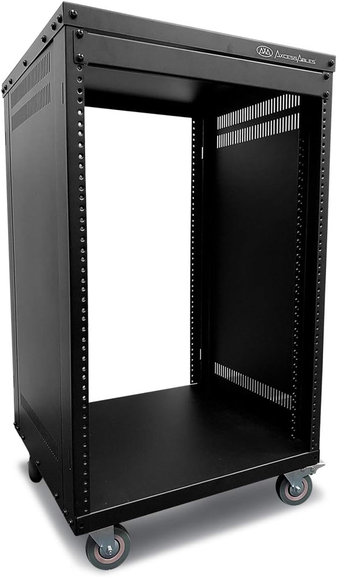 AxcessAbles 16U AV Case with Wheels | Metal Studio Cabinet | 19-Inch Universal Equipment Rack | Open-Frame Option | Home Server