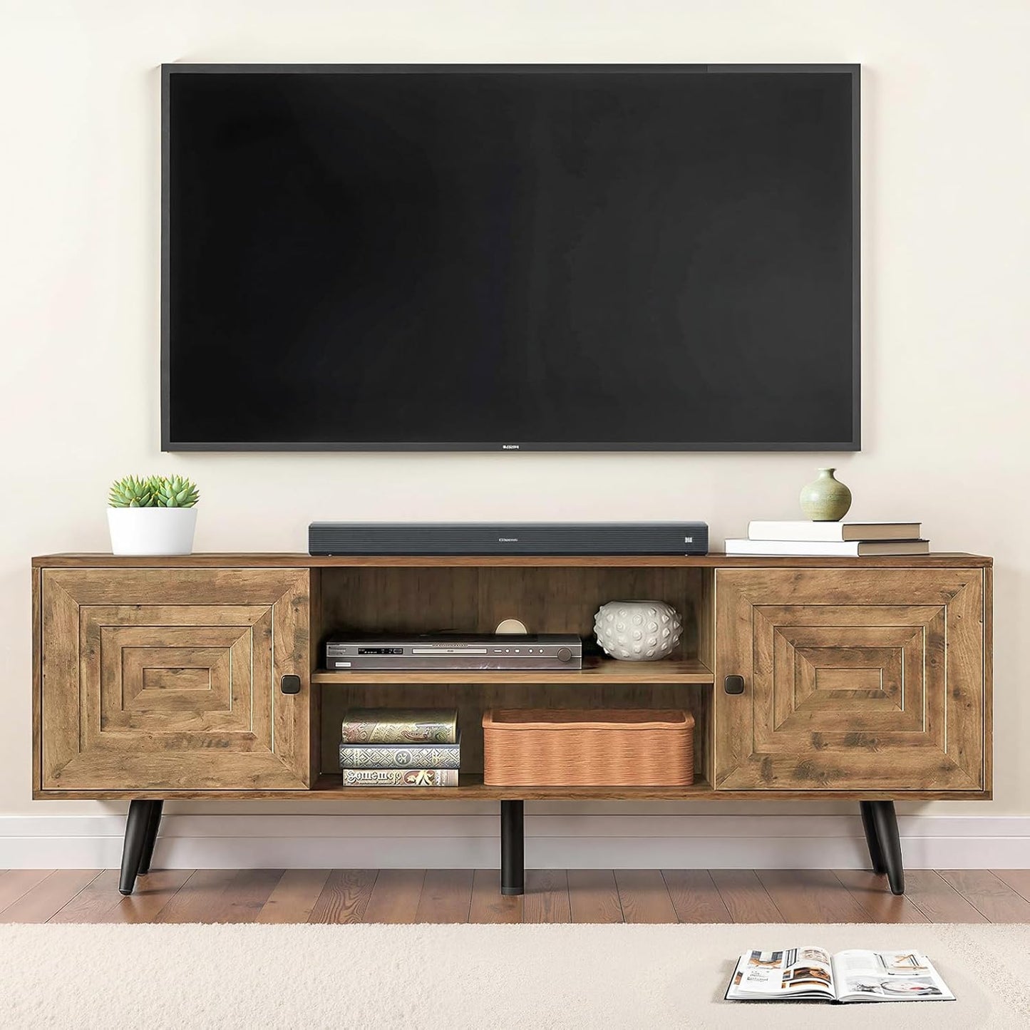 Mid Century Modern TV Stand for 65" TV, Wooden TV Stand Entertainment Console with Open Shelving and 2 Storage Cabinets for Bedroom, Living Room(Rustic Oak)