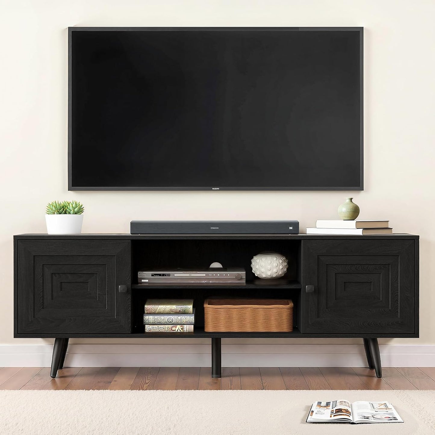 Mid Century Modern TV Stand for 65" TV, Wooden TV Stand Entertainment Console with Open Shelving and 2 Storage Cabinets for Bedroom, Living Room(Rustic Oak)
