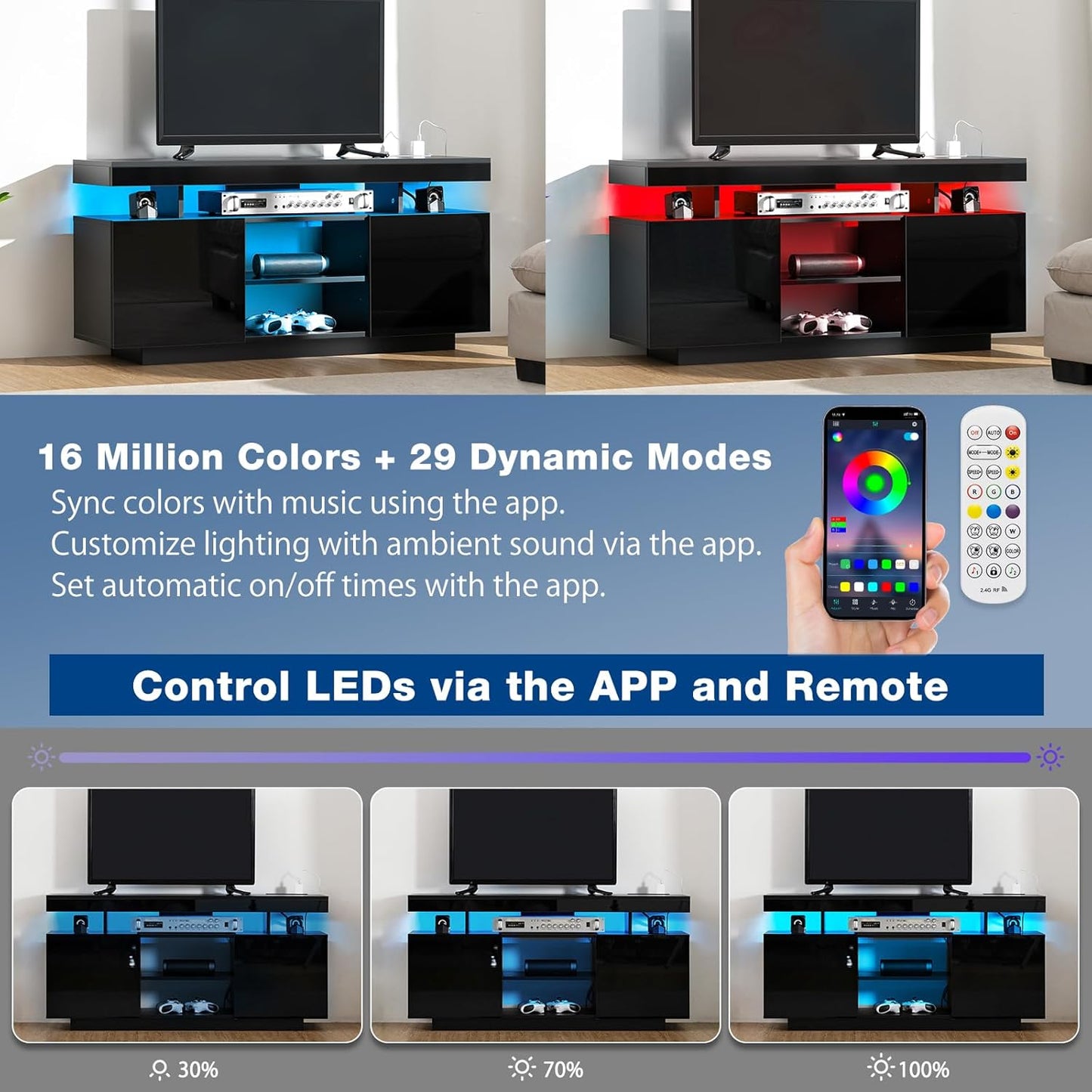 HOMMPA Modern LED TV Stand for 55/50/43/40/32 inch TVs with Power Outlets, Gaming Entertainment Center with Storage Media Table TV Consoles for Living Room, Black