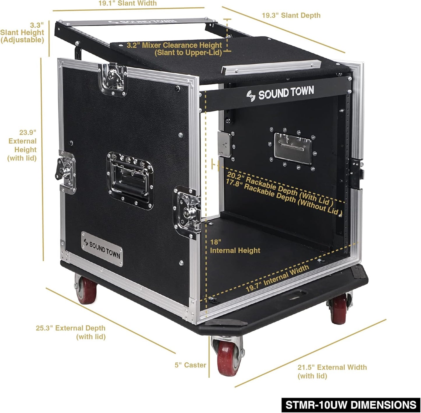 Sound Town Enhanced 1/2" (12mm) Plywood 10U PA DJ Pro Audio Rack/Road ATA Case with 11U Slant Mixer Top, 20’’ Rackable Depth and Casters, 10 Space Size, Pro Tour Grade (STMR-10UW)