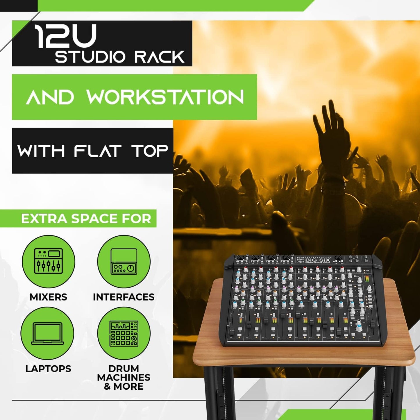 GEARit 12U Audio Rack With Flat Top for 19" Studio Gear, AV Equipment, Server Racks and More - Metal Construction, Oak Desktop Finish