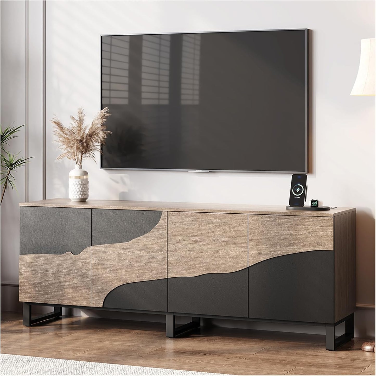 66" Fluted TV Stands for Living Room, Mid Century Modern TV Consoles for 75 inch TV, Entertainment Center with Storage, Media Console with Adjustment Shelf(Cherry)