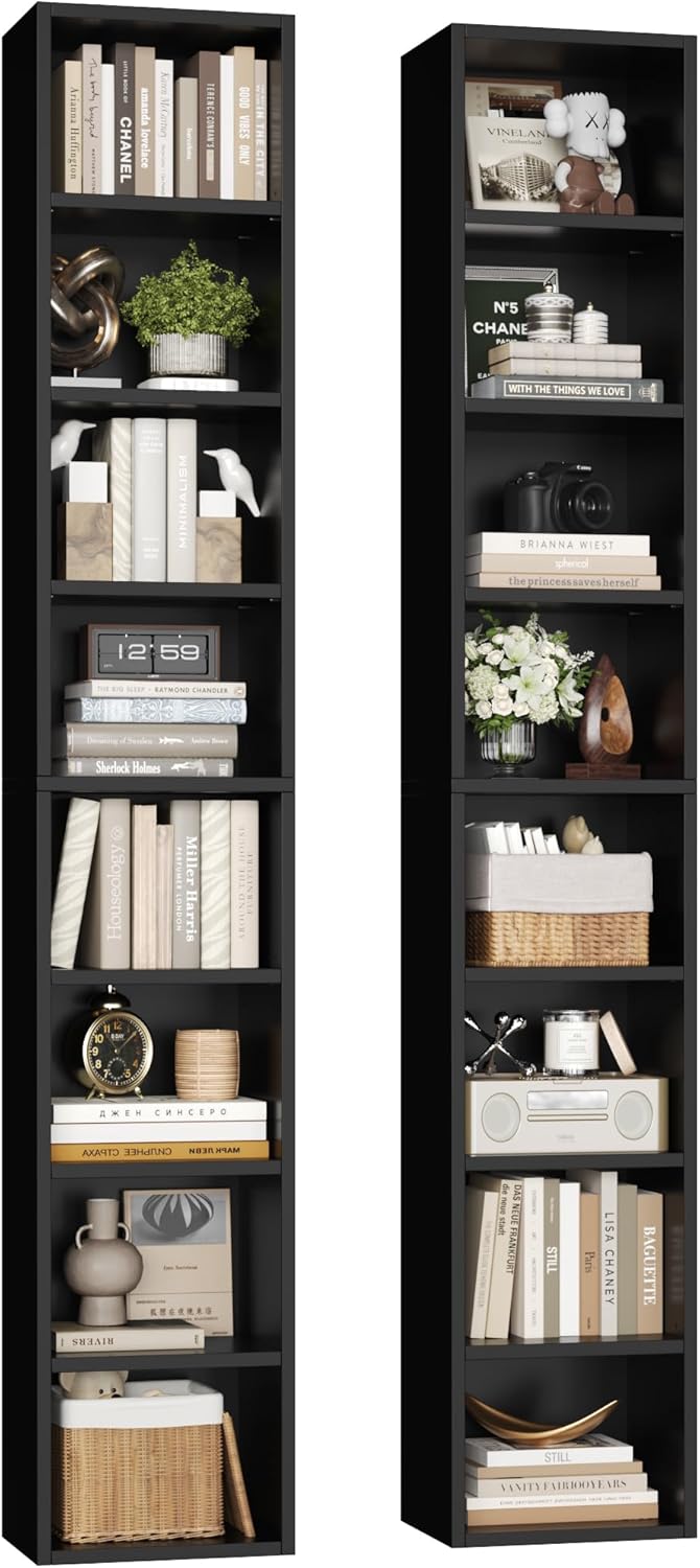 FOTOSOK 8-Tier Media Tower Rack, 11.6 X 9.3 X 70.9 Inches CD DVD Slim Storage Cabinet with Adjustable Shelves, Tall Narrow Bookcase Display Bookshelf for Home Office, Black