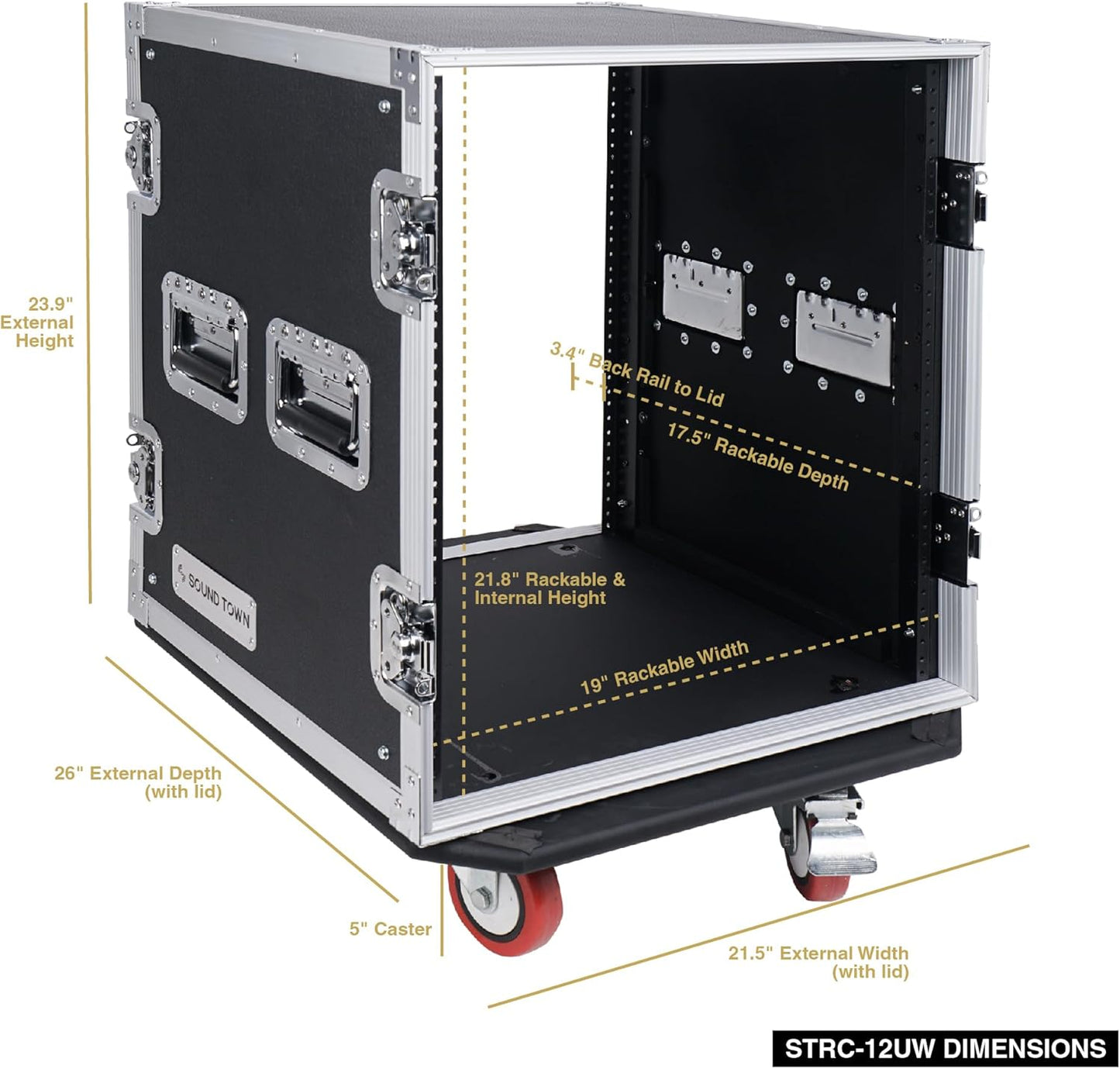 Sound Town 12U PA/DJ Rack/Road Case, 12-Space, with 21” Rackable Depth, Casters, Plywood, Metal Ball Corners - Pro Tour Grade (STRC-12UW)