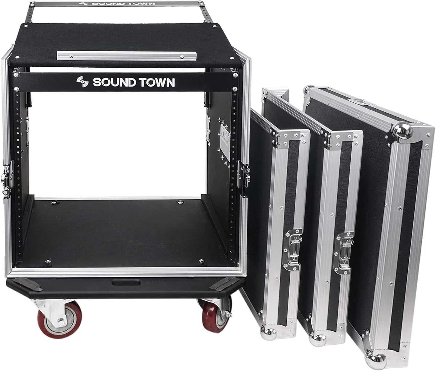 Sound Town Enhanced 1/2" (12mm) Plywood 10U PA DJ Pro Audio Rack/Road ATA Case with 11U Slant Mixer Top, 20’’ Rackable Depth and Casters, 10 Space Size, Pro Tour Grade (STMR-10UW)