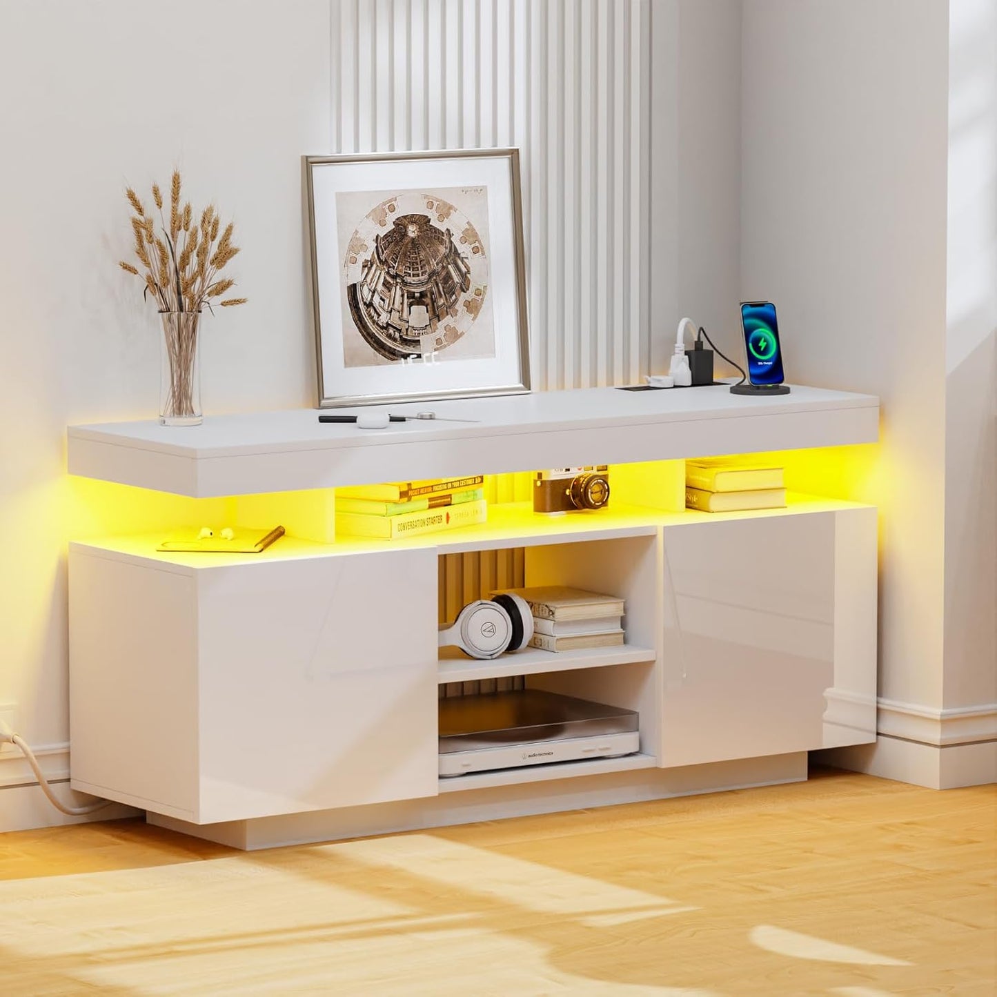 HOMMPA Modern LED TV Stand for 55/50/43/40/32 inch TVs with Power Outlets, Gaming Entertainment Center with Storage Media Table TV Consoles for Living Room, Black