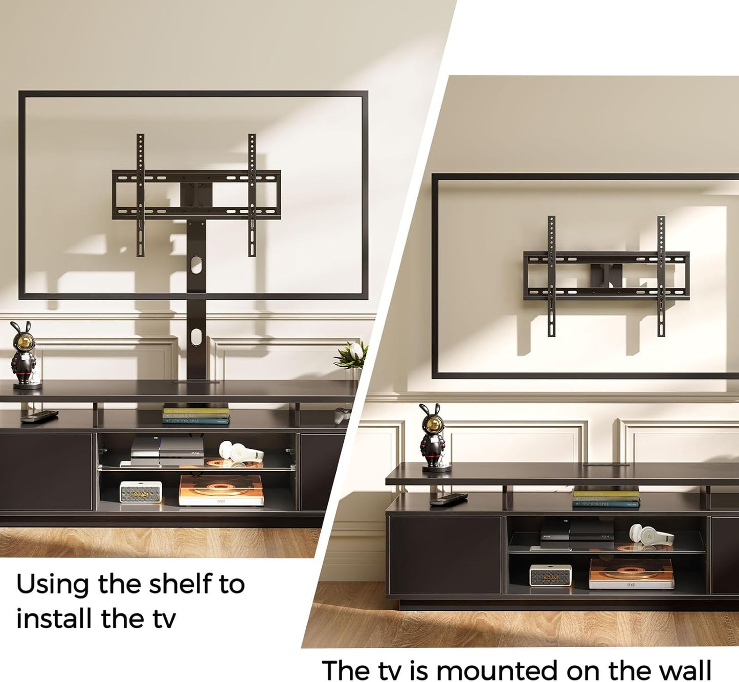 Rolanstar TV Stand with Mount and Power Outlet 51.2", Swivel TV Stand Mount for 32/45/55/60/65/70 inch TVs, Height Adjustable Modern Entertainment Center with Storage & LED Lights, TV Table Black