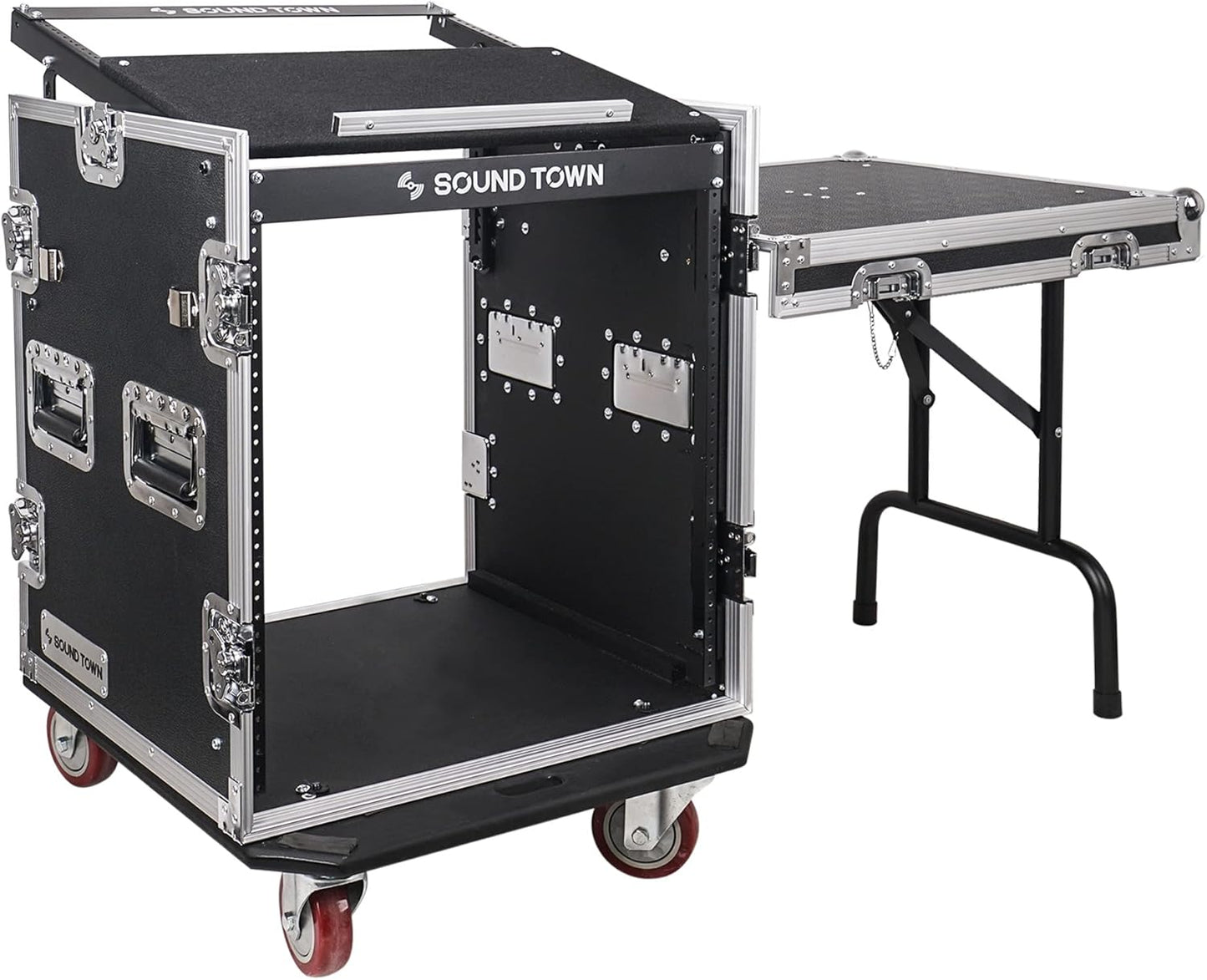 Sound Town Enhanced 1/2" (12mm) Plywood 10U PA DJ Pro Audio Rack/Road ATA Case with 11U Slant Mixer Top, 20’’ Rackable Depth and Casters, 10 Space Size, Pro Tour Grade (STMR-10UW)