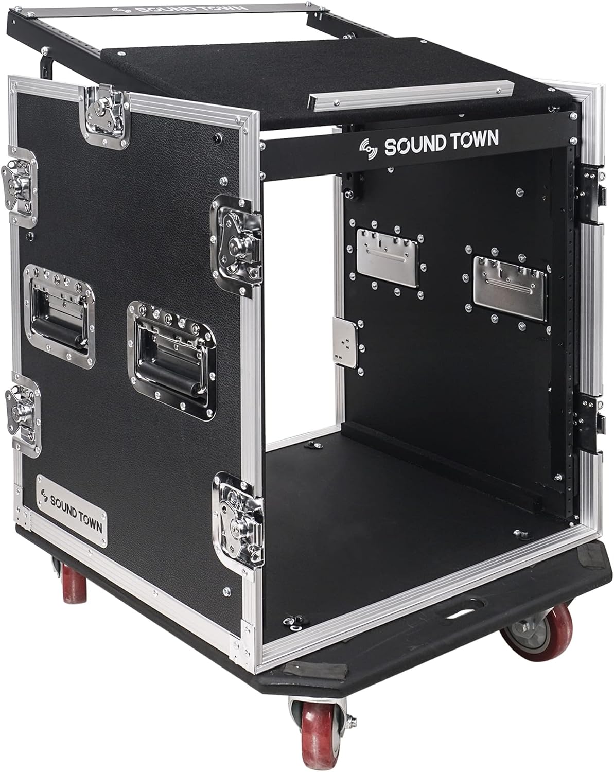 Sound Town Enhanced 1/2" (12mm) Plywood 10U PA DJ Pro Audio Rack/Road ATA Case with 11U Slant Mixer Top, 20’’ Rackable Depth and Casters, 10 Space Size, Pro Tour Grade (STMR-10UW)