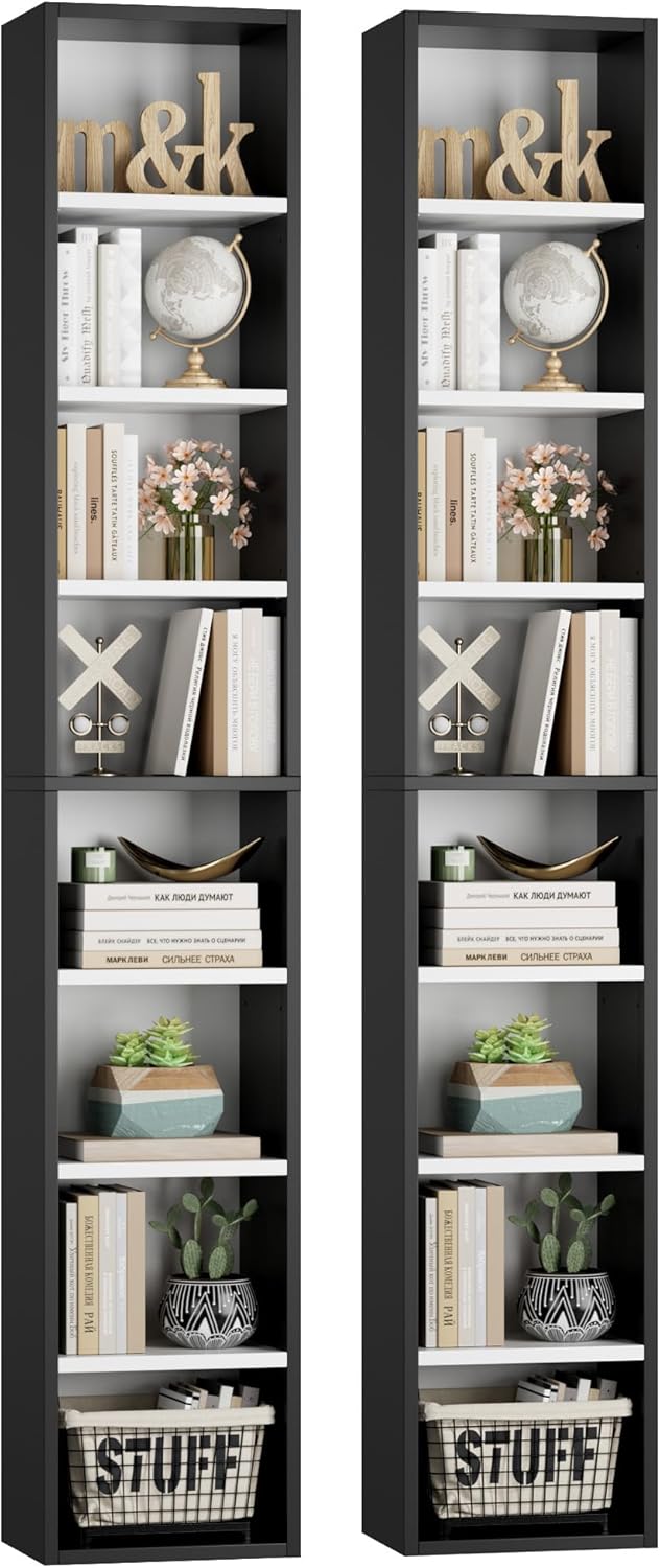 FOTOSOK 8-Tier Media Tower Rack, 11.6 X 9.3 X 70.9 Inches CD DVD Slim Storage Cabinet with Adjustable Shelves, Tall Narrow Bookcase Display Bookshelf for Home Office, Black