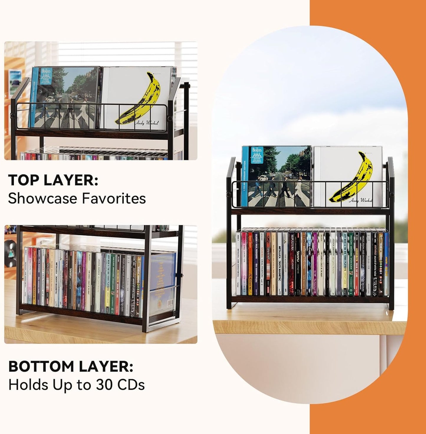 2-Tier CD Holder, CD Storage Shelf for Display, CD Organizer with Dispay Top Shelf, Premium CD Rack for Home & Office, Holds Up to 60 Standard CD Cases, Ideal for Music Enthusiasts