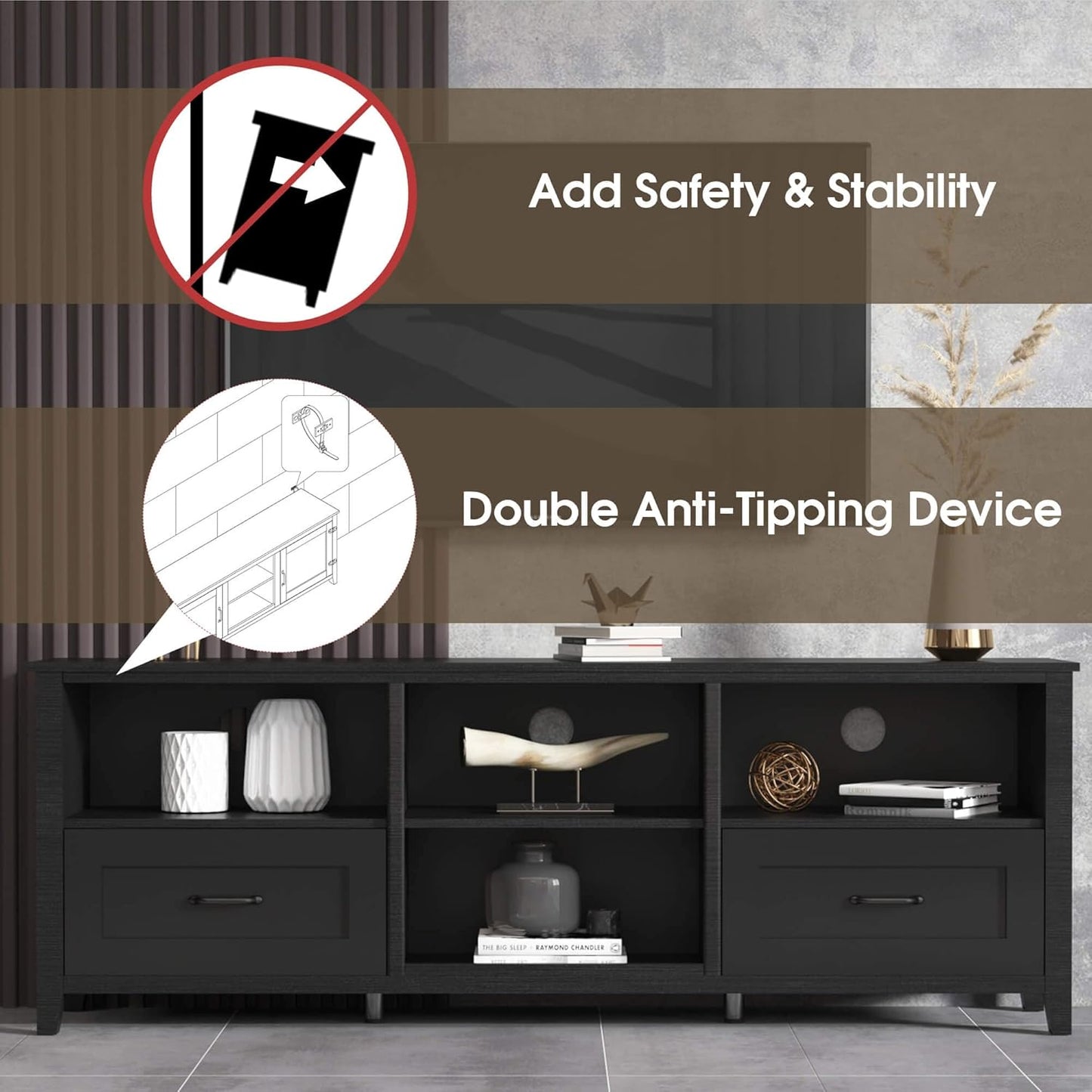 Modern Black TV Stand for TVs up to 80", Large Class TV Stands Cabinet, Modern Entertainment Center with Drawers for 55 65 70 75 inch TV Stand, Wood Storage Cabinet Media Console for Living Room