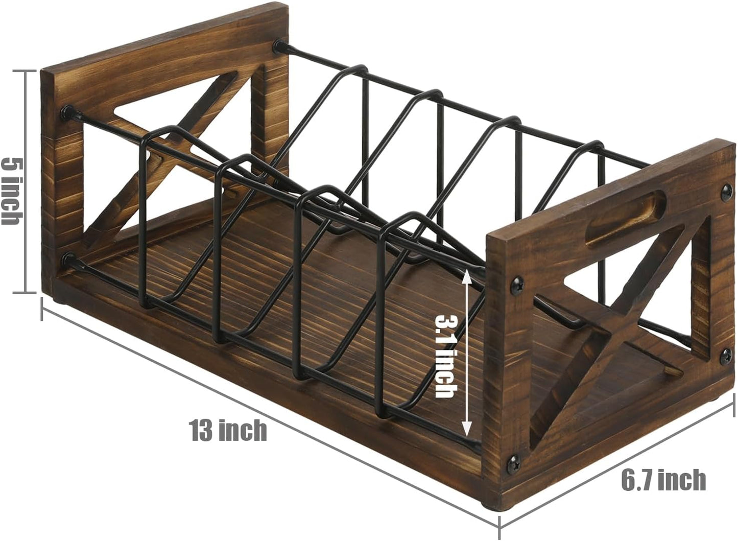 FARM IN CD Storage Holder, 5-Slot Farmhouse Industrial CD & DVD Storage Rack with Handles, Barn Door “X-Cross” Design, Rustic Solid Burnt Wood and Black Metal Wire