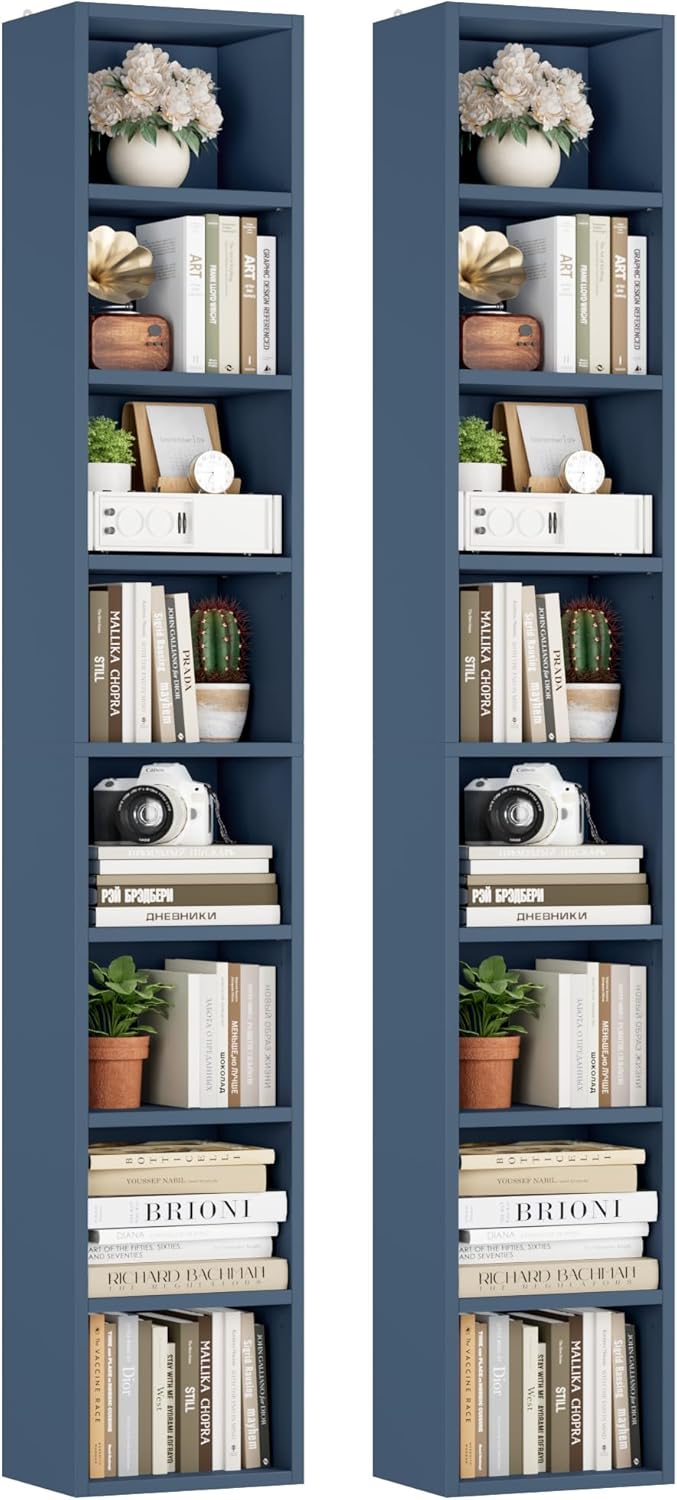 FOTOSOK 8-Tier Media Tower Rack, 11.6 X 9.3 X 70.9 Inches CD DVD Slim Storage Cabinet with Adjustable Shelves, Tall Narrow Bookcase Display Bookshelf for Home Office, Black