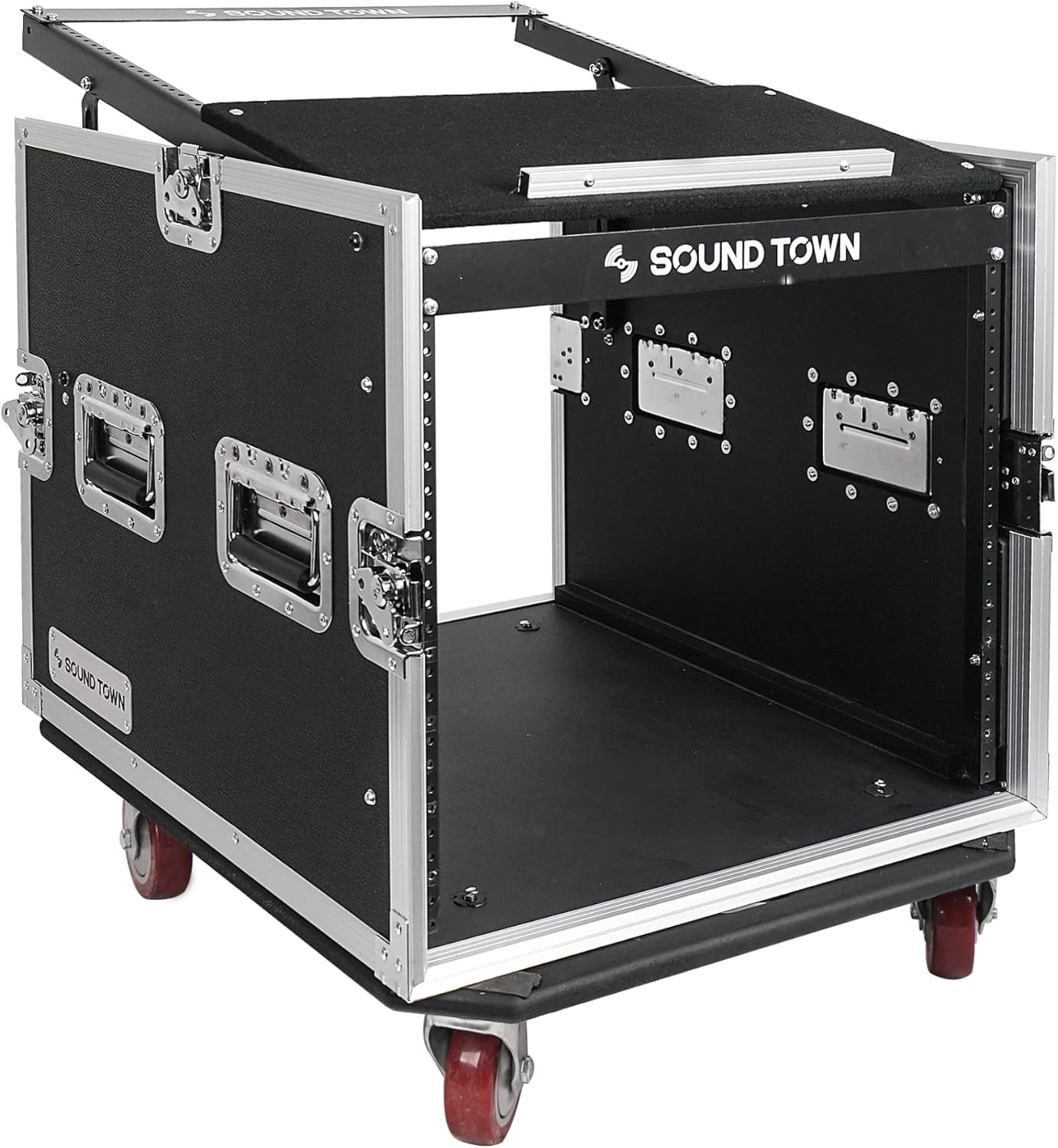 Sound Town Enhanced 1/2" (12mm) Plywood 10U PA DJ Pro Audio Rack/Road ATA Case with 11U Slant Mixer Top, 20’’ Rackable Depth and Casters, 10 Space Size, Pro Tour Grade (STMR-10UW)
