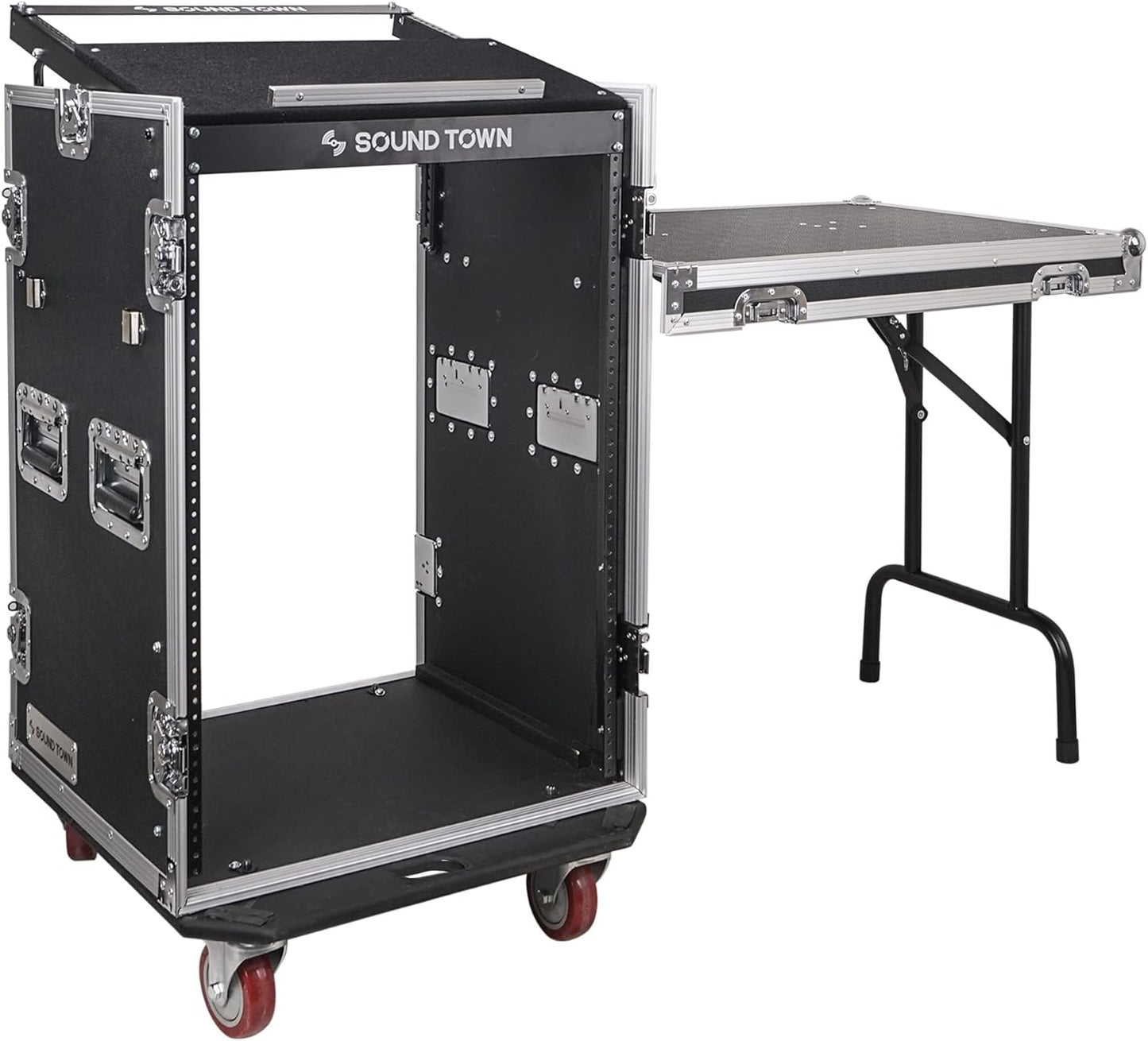Sound Town Enhanced 1/2" (12mm) Plywood 10U PA DJ Pro Audio Rack/Road ATA Case with 11U Slant Mixer Top, 20’’ Rackable Depth and Casters, 10 Space Size, Pro Tour Grade (STMR-10UW)