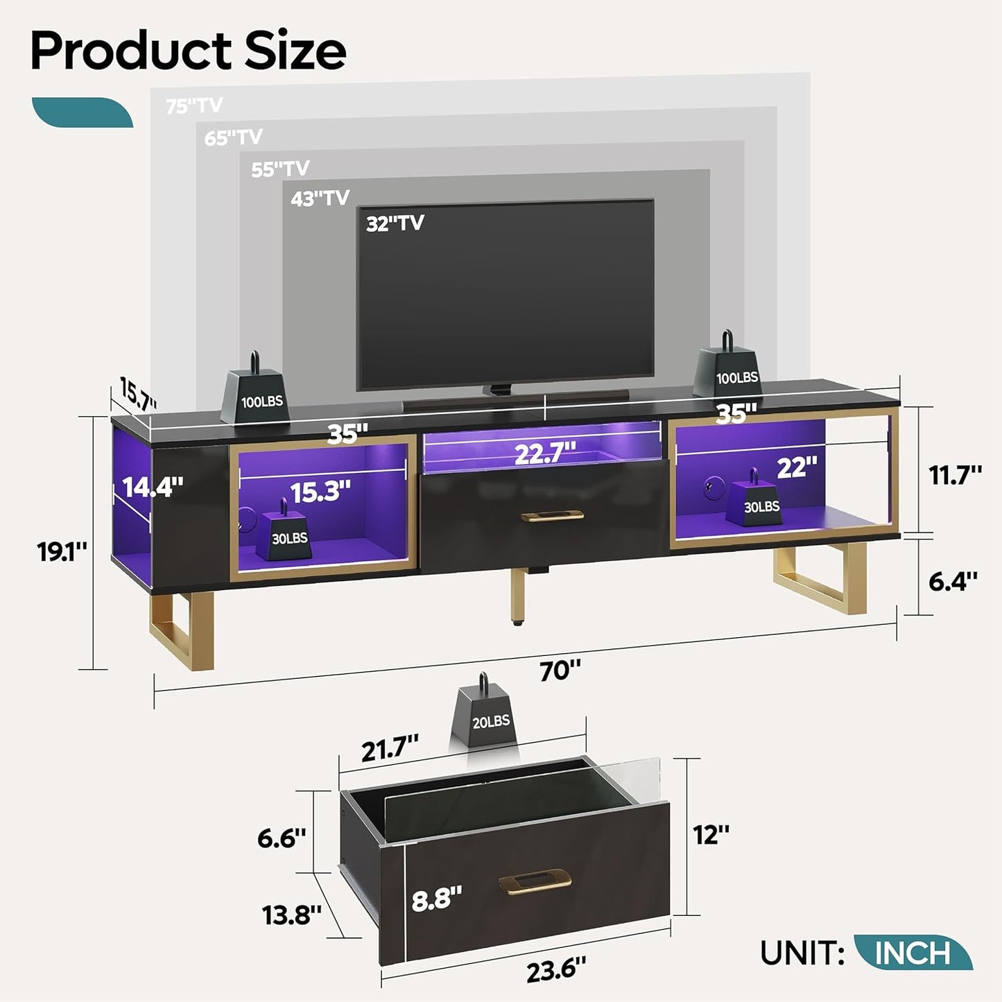 Bestier TV Stand for 75 Inch TV, LED Gaming Entertainment Center with Open Storage & Half-Glass Design Drawer, Modern High Glossy TV Cabinet for Living Room Bedroom, Black and Gold