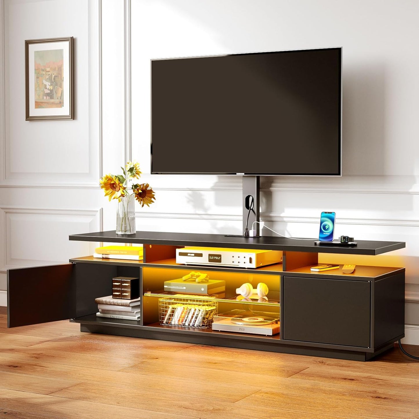 Rolanstar TV Stand with Mount and Power Outlet 51.2", Swivel TV Stand Mount for 32/45/55/60/65/70 inch TVs, Height Adjustable Modern Entertainment Center with Storage & LED Lights, TV Table Black