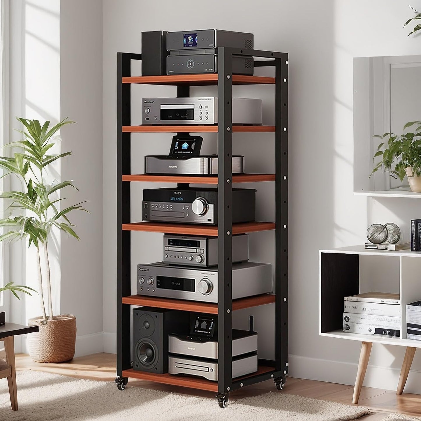 6 Tier Audio Rack Tower, Corner TV Console and AV Media Components Cabinet, Heavy Duty Stereo Racks and Stands with Adjustable Wooden Shelf for Home/Office/Theater(A)
