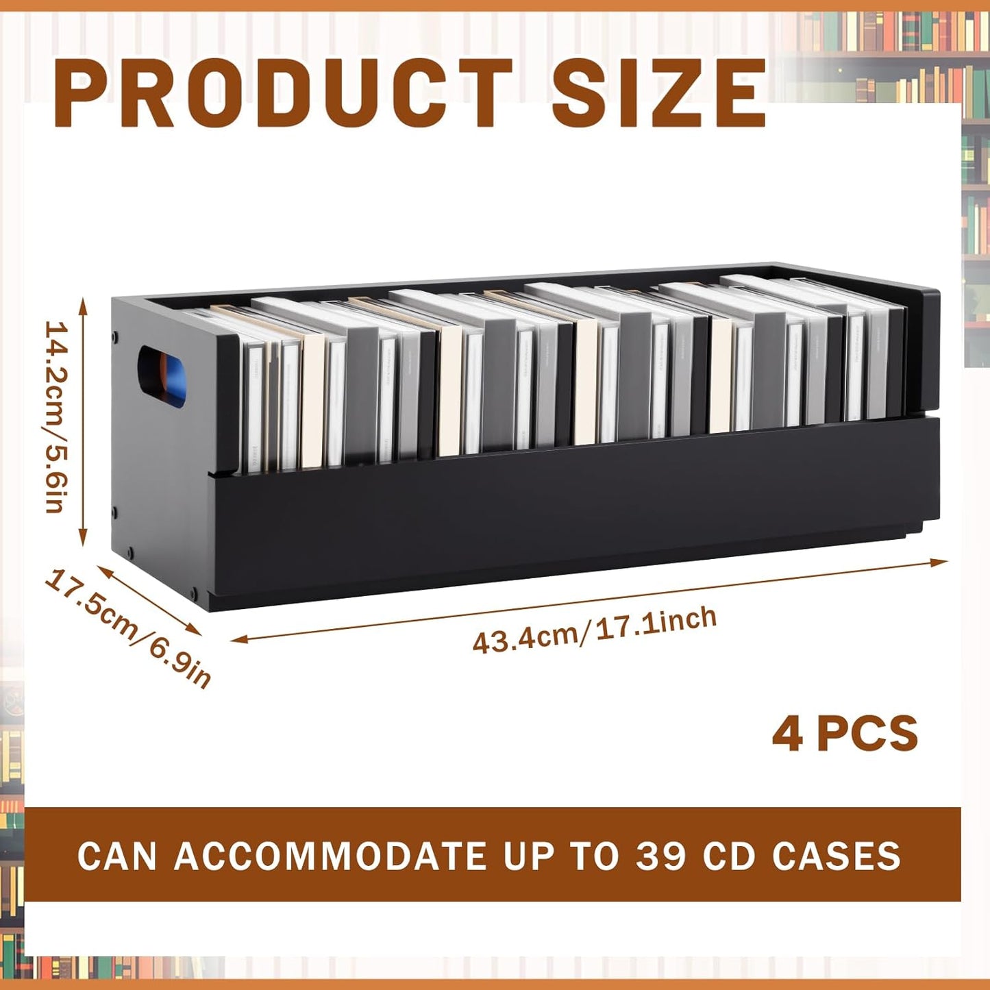 4 Set Wooden CD Storage Box Holder Shelf Cassette Tape Display Racks with Carrying Handles, Organizer Shelf for Movie Cases, DVDs, Each Set Can Store up to 36 Pcs CDs (Black)