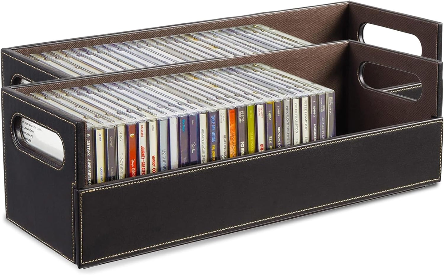 Stock Your Home 2- Pack CD Storage Box, Organizer Shelf for Movie Cases, DVDs, Cassette Tape Display Stand, Disc Holder Can Store Up to 40 CDs, Faux Leather (Black with Gray Interior)