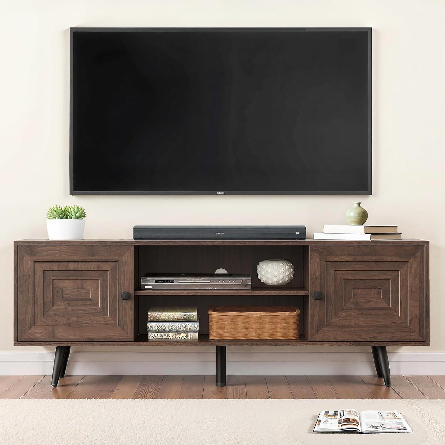 Mid Century Modern TV Stand for 65" TV, Wooden TV Stand Entertainment Console with Open Shelving and 2 Storage Cabinets for Bedroom, Living Room(Rustic Oak)
