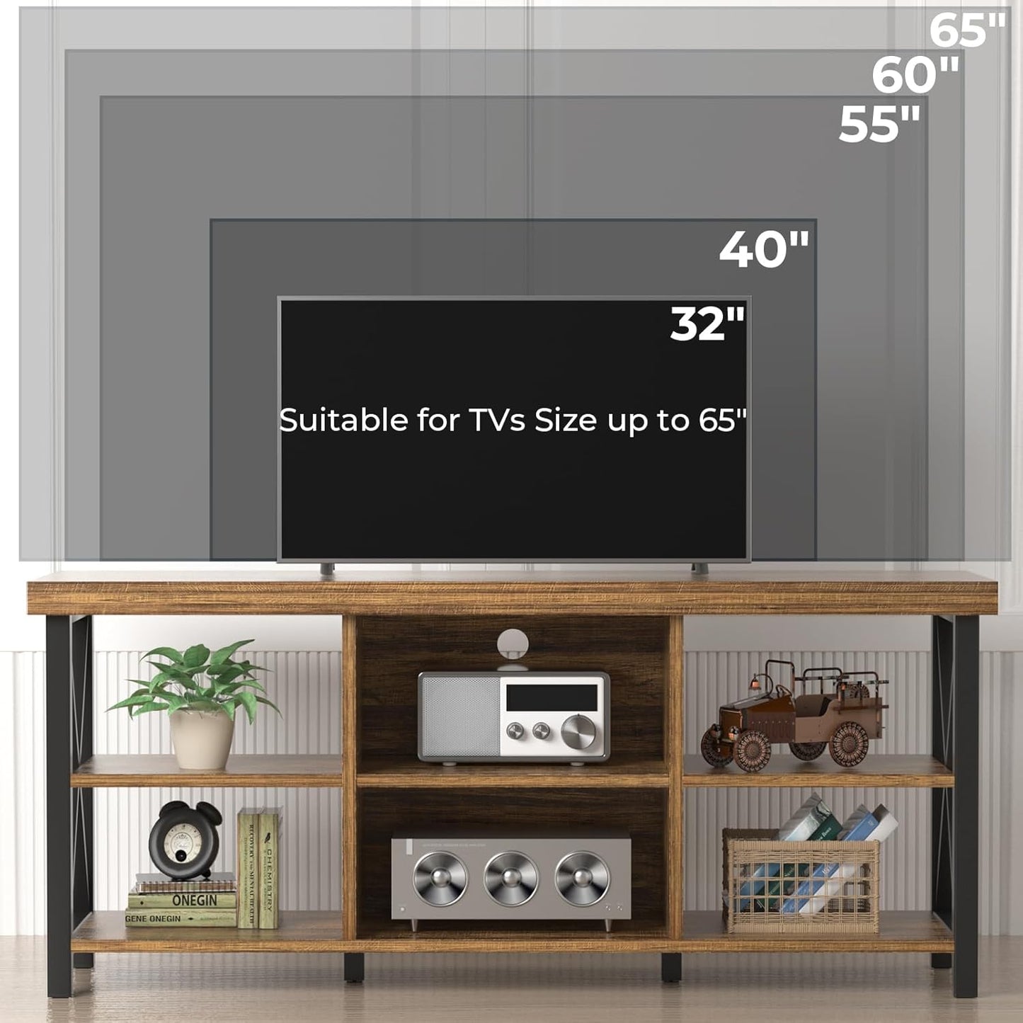 GreenForest TV Stand for TV up to 65 inches, Entertainment Center with 6 Storage Cabinet for Living Room, 55 inch Farmhouse Television Stands Console Table, TV Stands for Living Room, Walnut