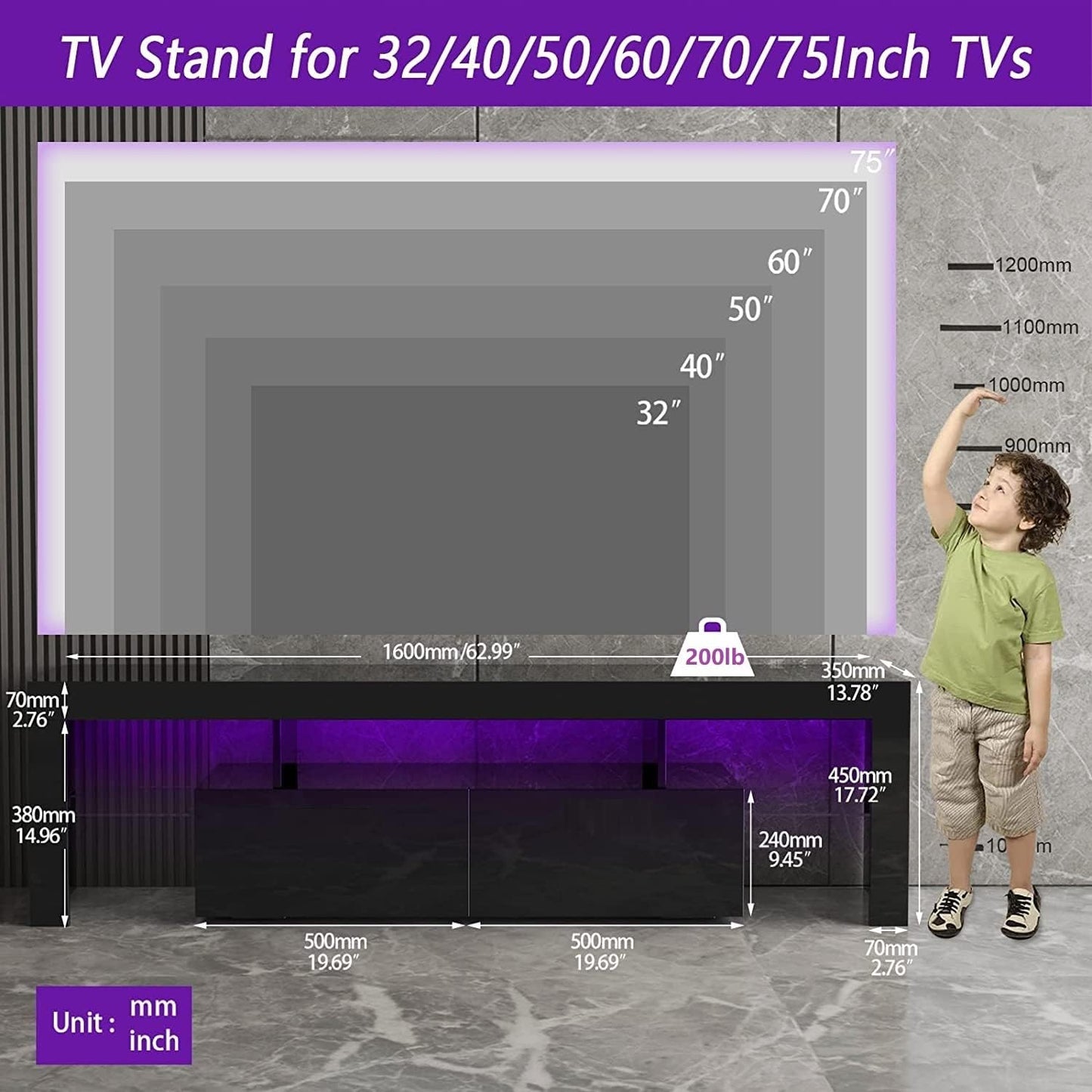 Black TV Stand, 60 65 70 75 inch Wood TV Stand, High Glossy Entertainment Center with Large Drawers&Glass Display Shelf, LED Modern Media Gaming Cabinet TV Console for Livingroom, Bedroom