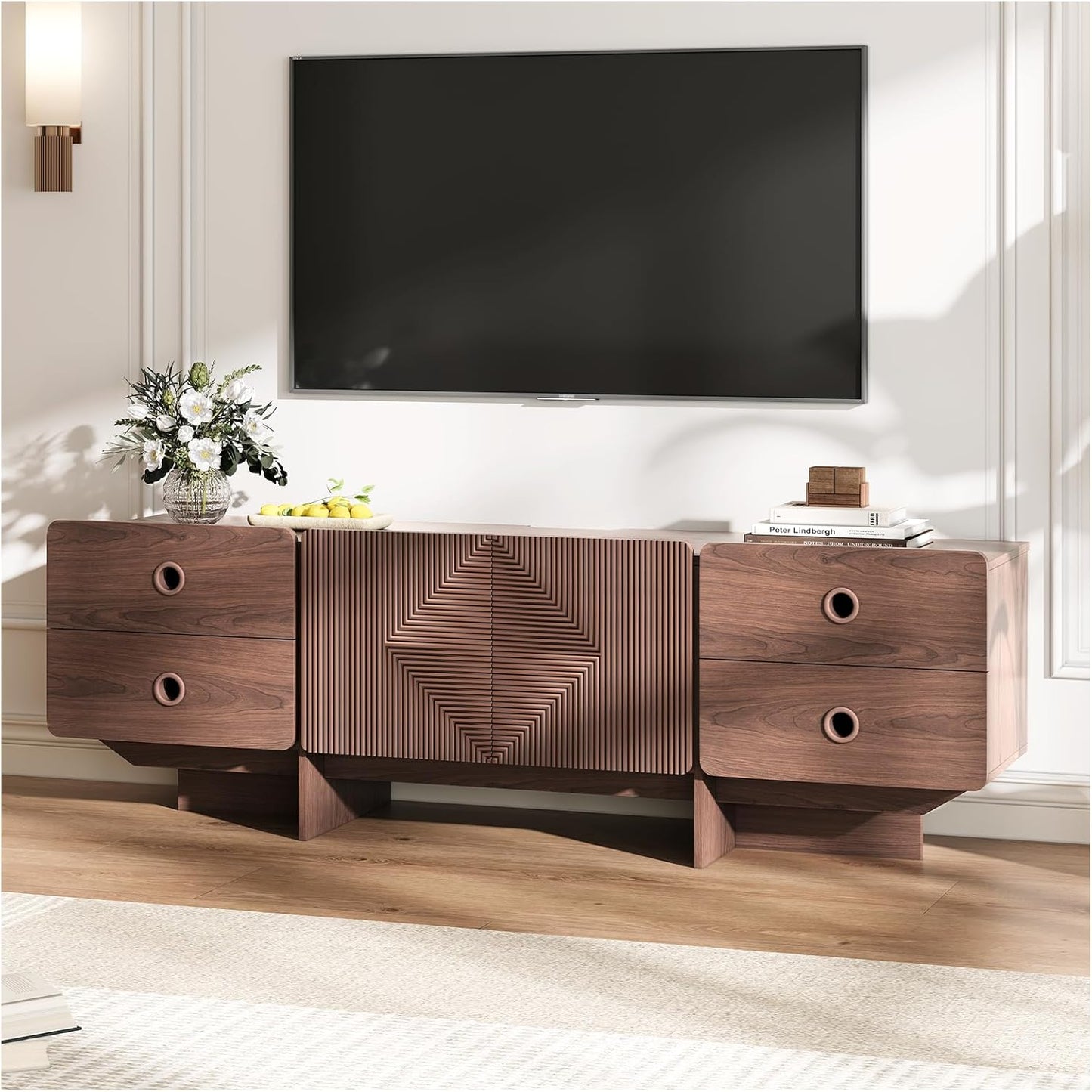 66" Fluted TV Stands for Living Room, Mid Century Modern TV Consoles for 75 inch TV, Entertainment Center with Storage, Media Console with Adjustment Shelf(Cherry)