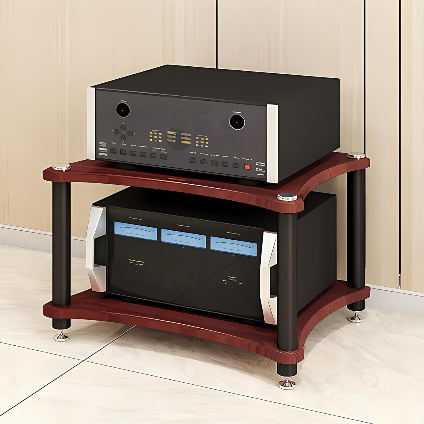 Heavy Duty Audio Component Rack, Large Storage Space AV Media Stand with Shock-Absorbing Foot pegs, Audio Rack Tower CD Player Stand for Home/Office/Audio Video/Theate (Black, 3rd Floor)