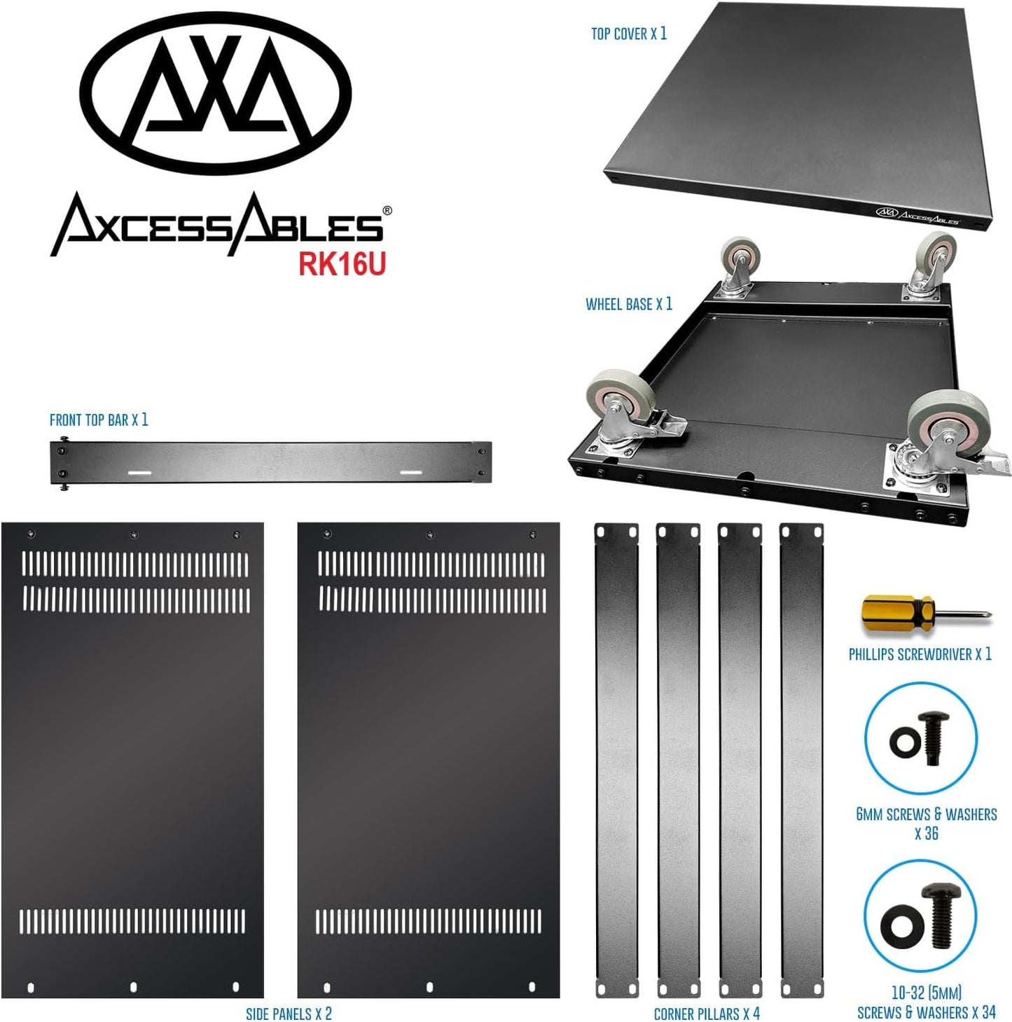 AxcessAbles 16U AV Case with Wheels | Metal Studio Cabinet | 19-Inch Universal Equipment Rack | Open-Frame Option | Home Server