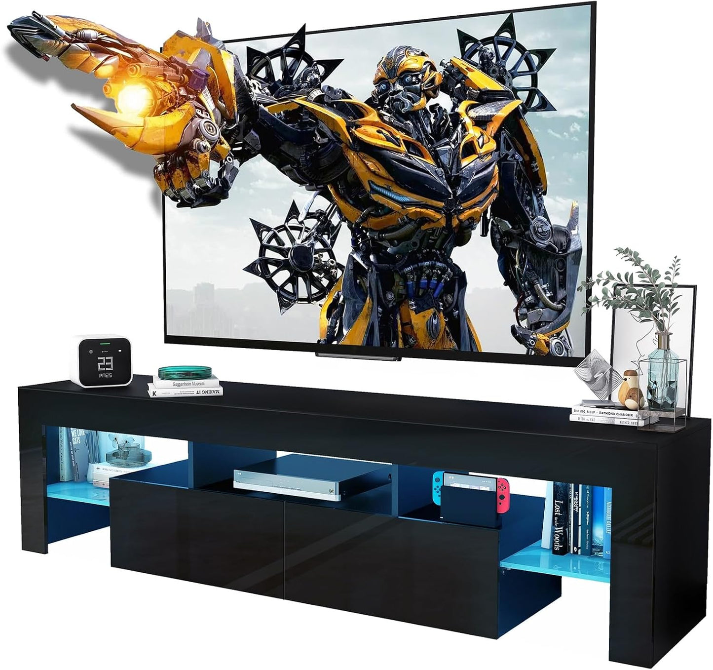 Black TV Stand, 60 65 70 75 inch Wood TV Stand, High Glossy Entertainment Center with Large Drawers&Glass Display Shelf, LED Modern Media Gaming Cabinet TV Console for Livingroom, Bedroom