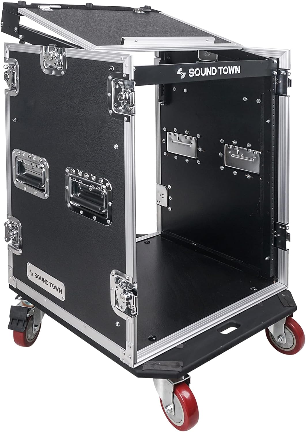 Sound Town Enhanced 1/2" (12mm) Plywood 10U PA DJ Pro Audio Rack/Road ATA Case with 11U Slant Mixer Top, 20’’ Rackable Depth and Casters, 10 Space Size, Pro Tour Grade (STMR-10UW)