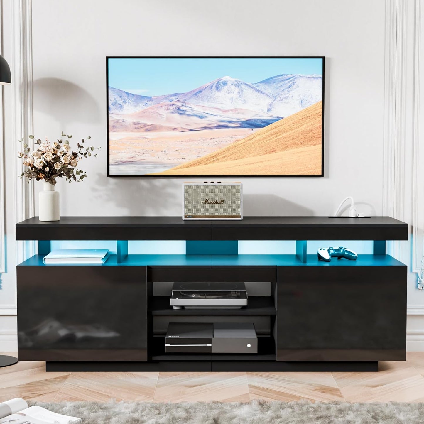 HOMMPA Modern LED TV Stand for 55/50/43/40/32 inch TVs with Power Outlets, Gaming Entertainment Center with Storage Media Table TV Consoles for Living Room, Black