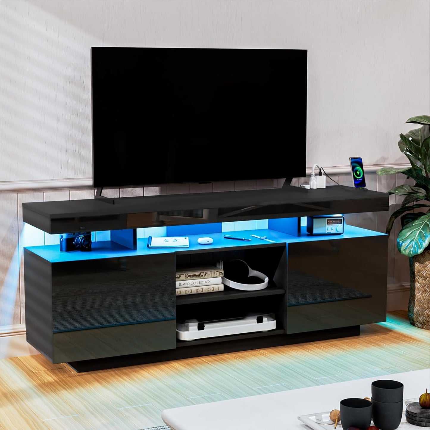 HOMMPA Modern LED TV Stand for 55/50/43/40/32 inch TVs with Power Outlets, Gaming Entertainment Center with Storage Media Table TV Consoles for Living Room, Black