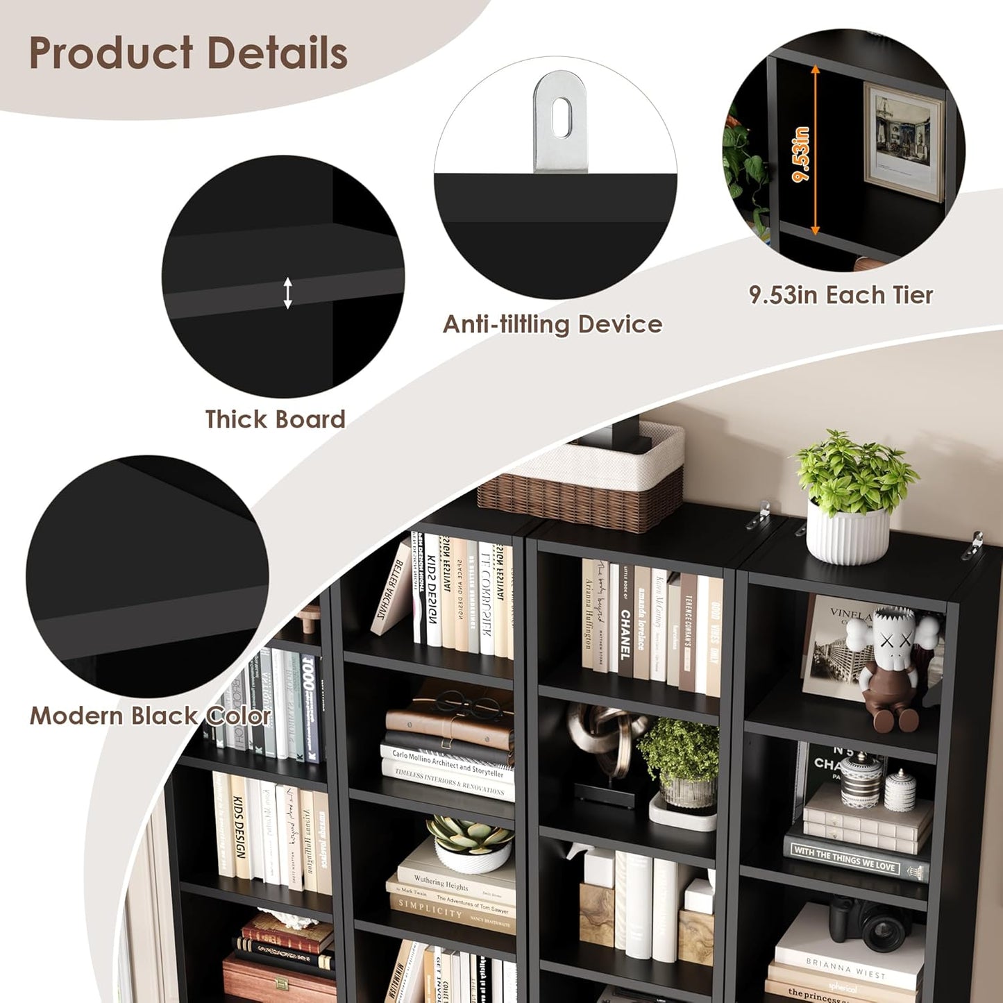 FOTOSOK 8-Tier Media Tower Rack, 11.6 X 9.3 X 70.9 Inches CD DVD Slim Storage Cabinet with Adjustable Shelves, Tall Narrow Bookcase Display Bookshelf for Home Office, Black